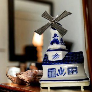 Delft Blue and White Ceramic Windmill Music Box with Revolving Metal Blades.